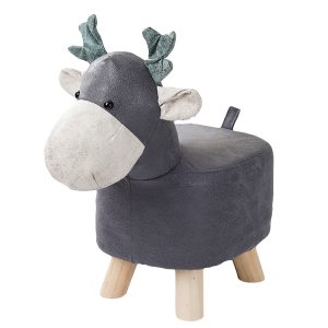 Grey Children Bench Deer Character Round Ottoman Stool Soft Small Comfy Seat Home Decor