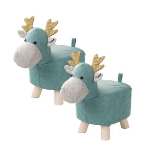 2X Green Children Bench Deer Character Round Ottoman Stool Soft Small Comfy Seat Home Decor