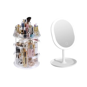 360 Degree Rotating Makeup Organiser Cosmetics Holder with 20cm White Rechargeable LED Light  Tabletop Vanity Mirror Set