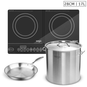 Dual Burners Cooktop Stove, 17L Stainless Steel Stockpot and 28cm Induction Fry Pan