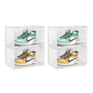 2X 2 Tier Transparent Portable Shoe Organiser Sneaker Footwear Folding Plastic Bin Stackable Storage Box with Magnetic Door