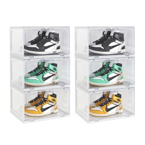2X 3 Tier Transparent Portable Shoe Organiser Sneaker Footwear Folding Plastic Bin Stackable Storage Box with Magnetic Door