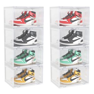 2X 4 Tier Transparent Portable Shoe Organiser Sneaker Footwear Folding Plastic Bin Stackable Storage Box with Magnetic Door