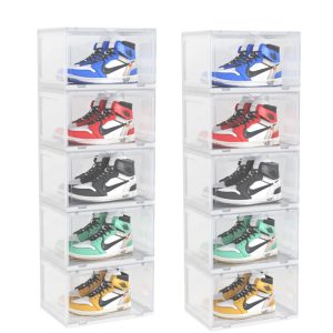 2X 5 Tier Transparent Portable Shoe Organiser Sneaker Footwear Folding Plastic Bin Stackable Storage Box with Magnetic Door