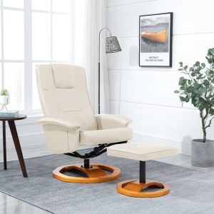 Swivel TV Armchair with Foot Stool Cream Faux Leather