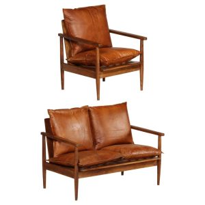 Vallejo 2 Piece Sofa Set Brown Real Leather and Solid Wood Acacia