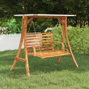 Swing Frame with Roof Solid Bent Wood with Teak Finish