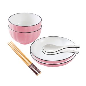 Pink Japanese Style Ceramic Dinnerware Crockery Soup Bowl Plate Server Kitchen Home Decor