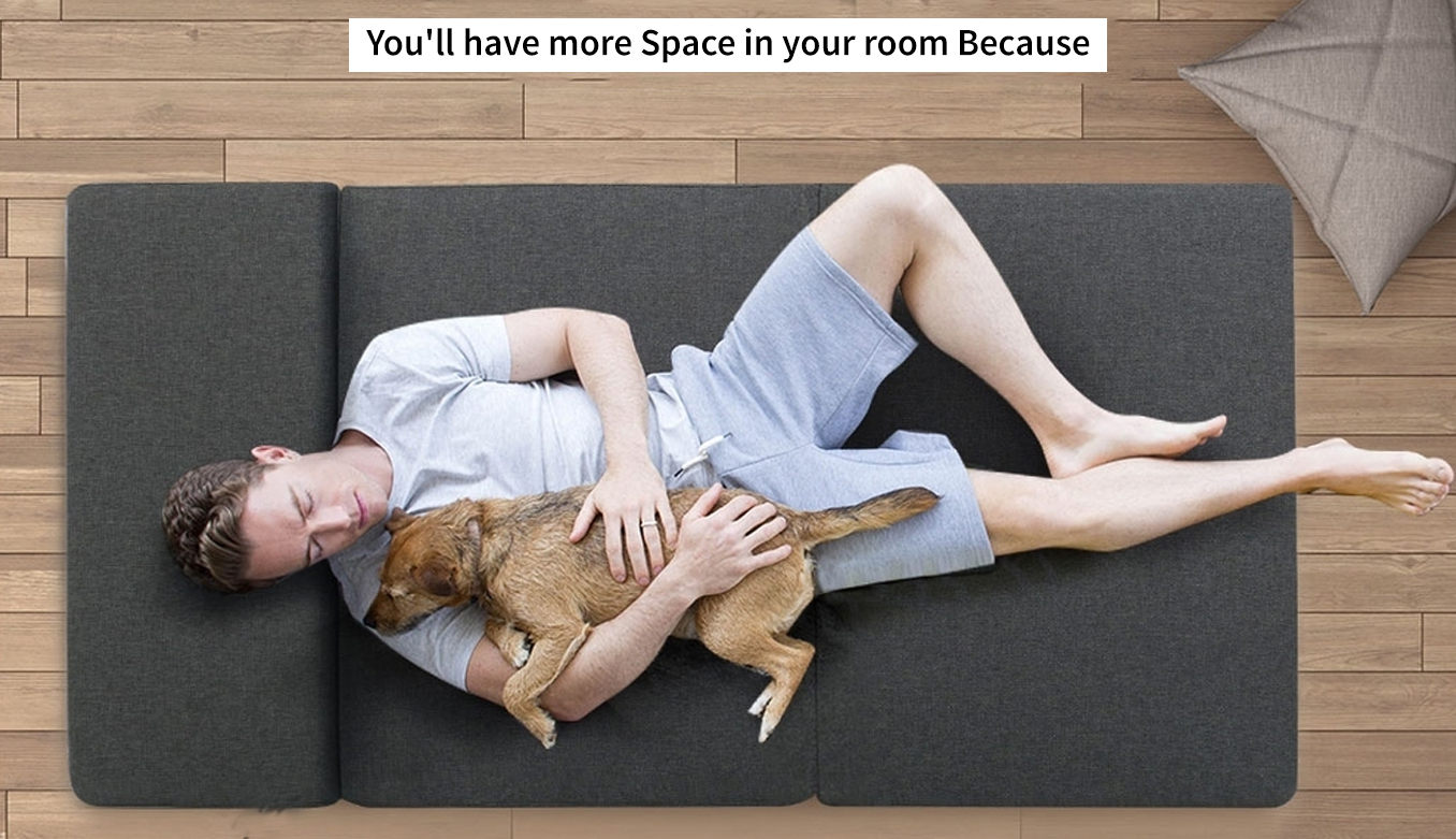 men is sleeping with a dog on foldable mattress