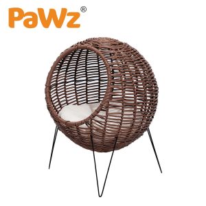 Rattan Pet Bed Elevated Cat Dog House Round Wicker Basket Kennel Egg Shape