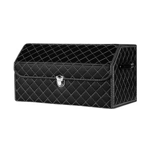 Leather Car Boot Collapsible Foldable Trunk Cargo Organizer Portable Storage Box Black/White Stitch with Lock
