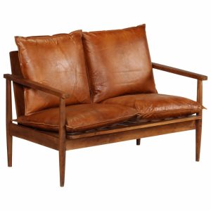 Brookfield 2-Seater Sofa Real Leather with Acacia Wood Brown