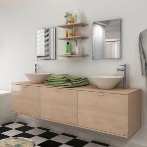 Eight Piece Bathroom Furniture and Basin Set Beige
