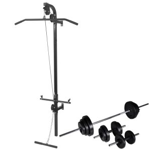 Wall-mounted Power Tower with Barbell and Dumbbell Set 30.5 kg