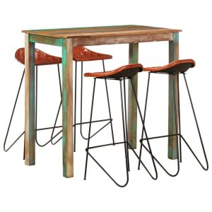 5 Piece Bar Set Solid Reclaimed Wood and Real Leather