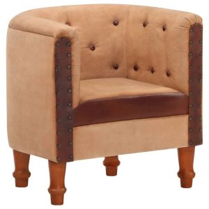 Tub Chair Real Leather and Solid Mango Wood
