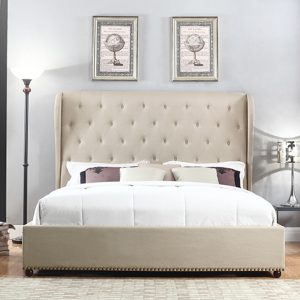 Antrim Bed Frame King Size in Beige Fabric Upholstered French Provincial High Bedhead