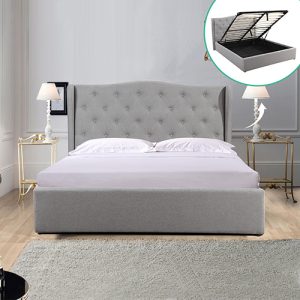 Harden Gas Lift Queen Size Storage Bed Frame Upholstery Fabric in Grey Colour with Tufted Headboard and Wings