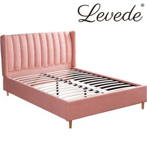 Lithgow Bed Frame Velvet Base Bedhead Headboard Queen Size Wooden Platform Pink