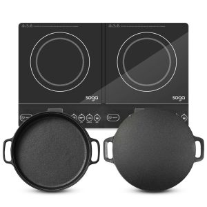 Dual Burners Cooktop Stove 30cm Cast Iron Skillet and 34cm Induction Crepe Pan Cookware