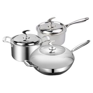 6 Piece Cookware Set 18/10 Stainless Steel 3-Ply Frying Pan, Milk, and Soup Pot with Lid