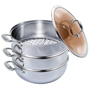 3 Tier 26cm Heavy Duty Stainless Steel Food Steamer Vegetable Pot Stackable Pan Insert with Glass Lid