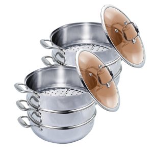 2X 3 Tier 32cm Heavy Duty Stainless Steel Food Steamer Vegetable Pot Stackable Pan Insert with Glass Lid