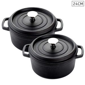 2X Cast Iron 24cm Enamel Porcelain Stewpot Casserole Stew Cooking Pot With Lid Black