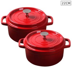 2X Cast Iron 22cm Enamel Porcelain Stewpot Casserole Stew Cooking Pot With Lid Red