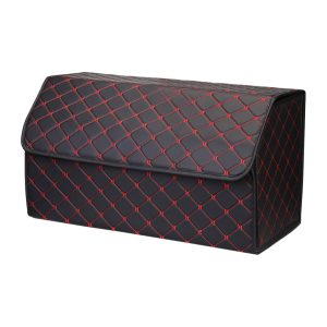 Leather Car Boot Collapsible Foldable Trunk Cargo Organizer Portable Storage Box Black/Red Stitch Large