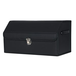 Leather Car Boot Collapsible Foldable Trunk Cargo Organizer Portable Storage Box With Lock Black