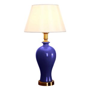 Blue Ceramic Oval Table Lamp with Gold Metal Base