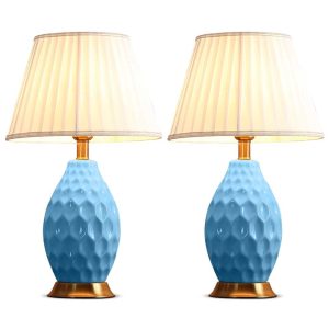 2x Textured Ceramic Oval Table Lamp with Gold Metal Base Blue