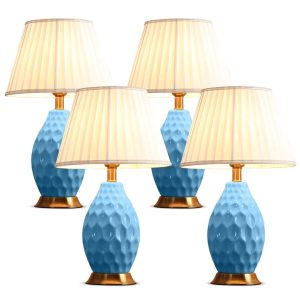 4x Textured Ceramic Oval Table Lamp with Gold Metal Base Blue