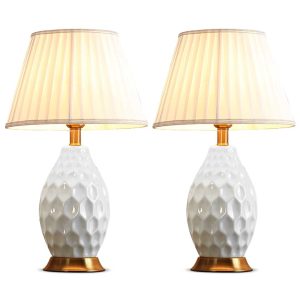 2x Textured Ceramic Oval Table Lamp with Gold Metal Base White