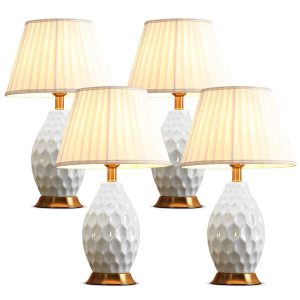 4x Textured Ceramic Oval Table Lamp with Gold Metal Base White