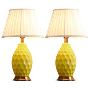 2x Textured Ceramic Oval Table Lamp with Gold Metal Base Yellow