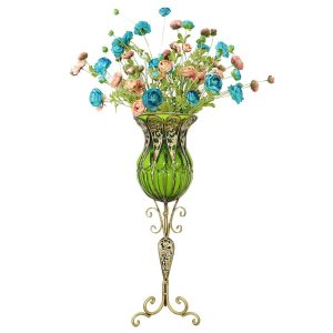 85cm Glass Tall Floor Vase and 12pcs Blue Artificial Fake Flower Set