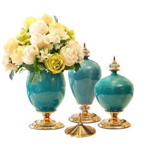 3x Ceramic Oval Flower Vase with White Flower Set Green