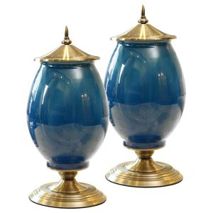 2x 40cm Ceramic Oval Flower Vase with Gold Metal Base Dark Blue