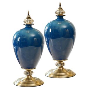 2x 42cm Ceramic Oval Flower Vase with Gold Metal Base Dark Blue