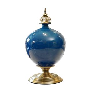 38.50cm Ceramic Oval Flower Vase with Gold Metal Base Dark Blue