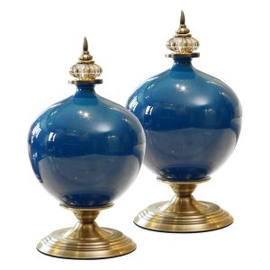 2x 38cm Ceramic Oval Flower Vase with Gold Metal Base Dark Blue