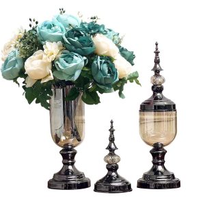 2 x Clear Glass Flower Vase with Lid and Blue Flower Filler Vase Black Set