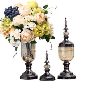 2 x Clear Glass Flower Vase with Lid and White Flower Filler Vase Black Set