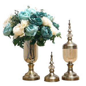 2 x Clear Glass Flower Vase with Lid and Blue Flower Filler Vase Bronze Set