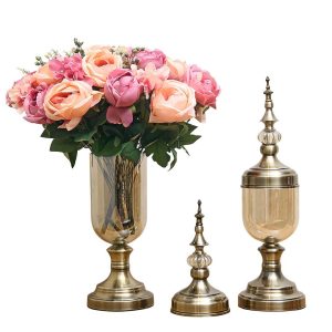 2 x Clear Glass Flower Vase with Lid and Pink Flower Filler Vase Bronze Set