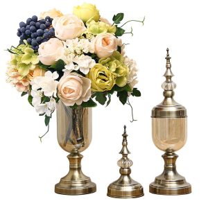 2x Clear Glass Flower Vase with Lid and White Flower Filler Vase Bronze Set