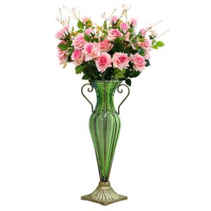 Green Colored Glass Flower Vase with 6 Bunch 5 Heads Artificial Fake Silk Rose Home Decor Set