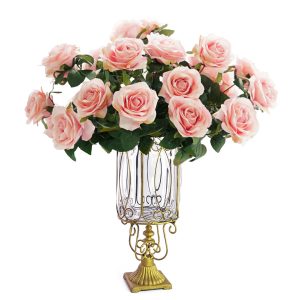 Clear Glass Cylinder Flower Vase with 4 Bunch 9 Heads Artificial Fake Silk Rose Home Decor Set